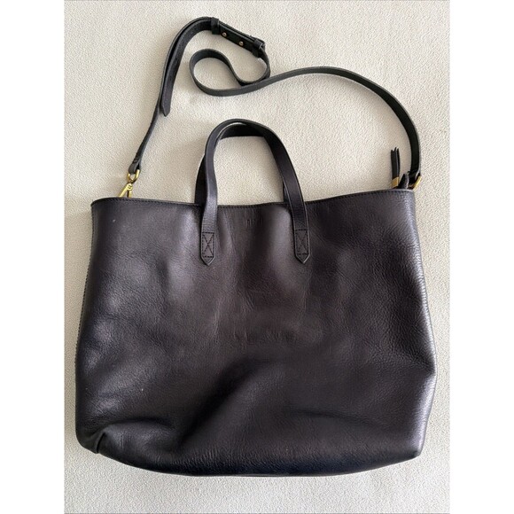 Madewell Handbags - Madewell Black Leather Transport Tote Bag w/Strap Medium Size Zip Top Purse READ